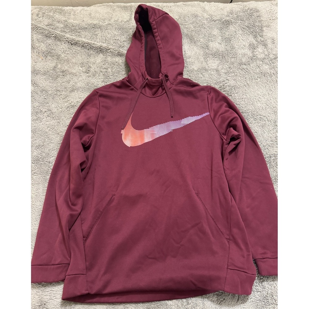 Nike Dri-Fit Hoodie Sweatshirt Mens L Burgundy Red Logo Large Swoosh Pullover